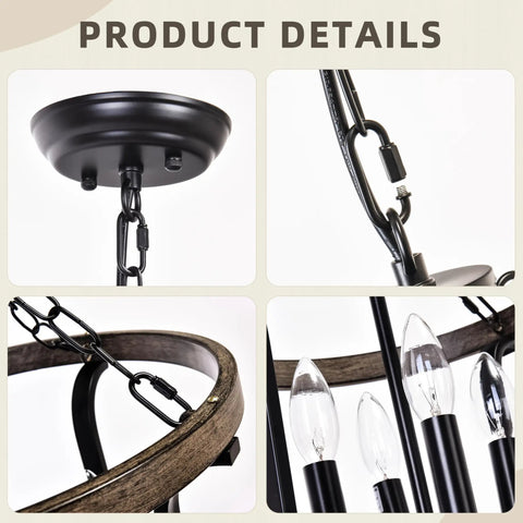 Product details of Farmhouse 4 Light Cage Chandelier With Black Metal Finish And Faux Wood Rustic Lantern Pendant Light