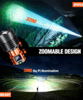 Rechargeable LED Flashlight 90,000LM Beast Bright With LCD Display, spotlight beam over 3280 ft, illuminating forest