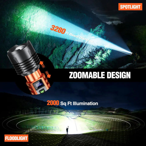 Rechargeable LED Flashlight 90,000LM Beast Bright With LCD Display, spotlight beam over 3280 ft, illuminating forest