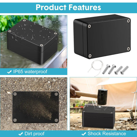 8 Pieces Waterproof Plastic Junction Boxes For Outdoor Electrical Projects Durable Outdoor Enclosure Boxes 3.94 x 2.68 x 1.97 Inches Black Includes Rubber Washers And Screws For Quick No Fuss Setup showing IP65 protection