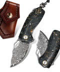 Damascus Steel Pocket Folding Knife With 2.45 Inch Razor Sharp Blade Handmade Craftsmanship Stabilized Wood Handles Cowhide Sheath EDC