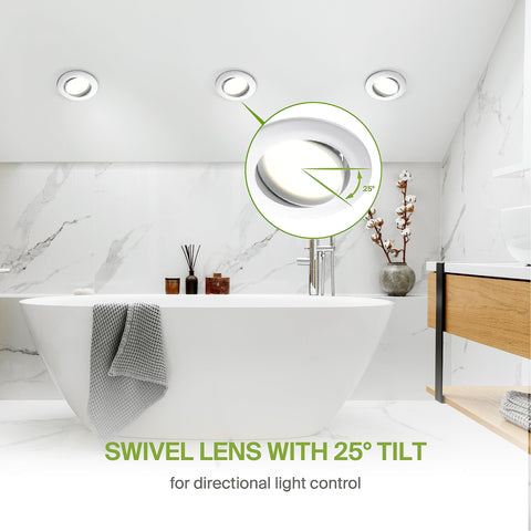 Bathroom with Gimbal Retrofit LED Can Lights 6 Inch Kit, 4000K Bright White, showing swivel lens with 25° tilt for ceiling installation
