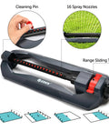 Essential Turbo Oscillating Water Sprinkler With 16 Nozzles That Covers Up To 3600 Sq Ft For A Big Yard Weighted Base Adjustable Range Quick Connect Bundle Dark Gray Red Silver showing cleaning pin and range sliding tabs