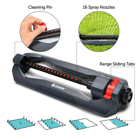 Essential Turbo Oscillating Water Sprinkler With 16 Nozzles That Covers Up To 3600 Sq Ft For A Big Yard Weighted Base Adjustable Range Quick Connect Bundle Dark Gray Red Silver showing cleaning pin and range sliding tabs