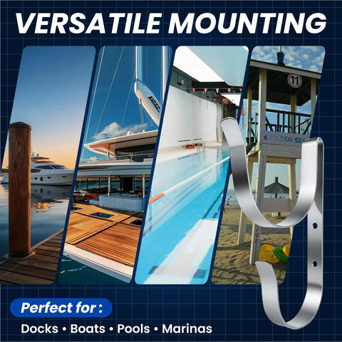 Rock-Solid 304 Stainless Steel Life Buoy Holder Mount For Life Ring And Rope, shown at marinas, pools, docks, and boats.