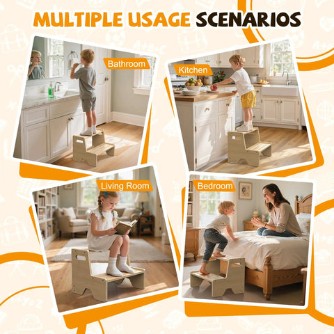 Straight Up Solid Two Pack Wooden Step Stool For Toddlers Totally Anti Slip And Super Secure Perfectly Sized For Potty Training, kids using in bathroom, kitchen, living room, and bedroom.