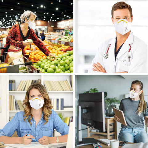 Collage showing adults wearing Everyday NIOSH Certified N95 Mask 20 Pack For Adults Three Layer Protective Face Respirator L188 White