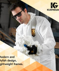 Worker wearing Unisex Maverick Safety Glasses With Anti Fog Coating And Smoke Lenses Black Frame Lightweight Polycarbonate Lenses