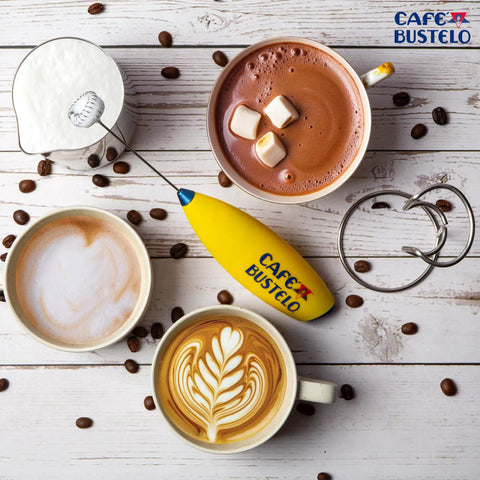 Electric Coffee Milk Frother Handheld Battery Operated Drink Mixer With Stainless Steel Whisk And Stand In Bold Yellow