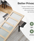 Glass Sliding Barn Door Slab 30x84 Inches With 5ft Hardware Kit Included, Frosted 5 Panel Glass, Spruce Wood Frame on table