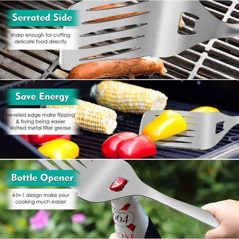 Heavy Duty Stainless Steel Grilling Utensil Set 18 Inch with spatula features serrated side, energy-saving design, and bottle opener.