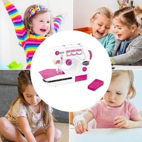Kids Sewing Machine Toy With Realistic Pedal And Needle Threading For Needlework Practice displayed with children sewing