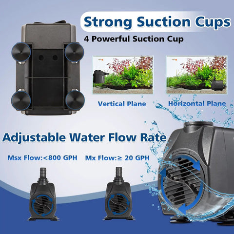 Killer 800 GPH Submersible Water Pump With Adjustable Flow Ultra Quiet Fountain Pump for aquariums with suction cups visible