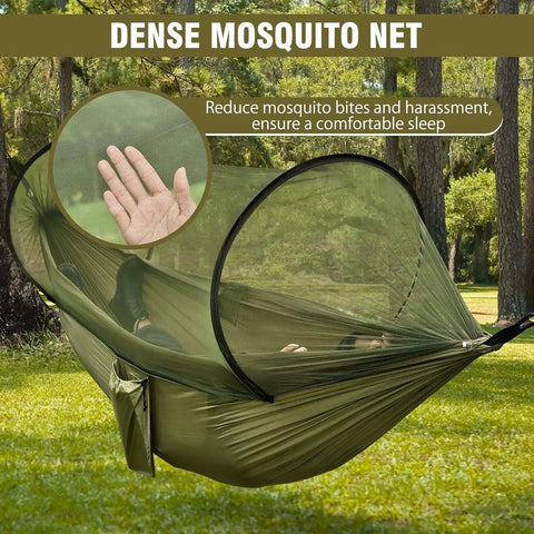 Mosquito Net Camping Hammock with Lightweight Parachute Nylon and tree straps in forest setting