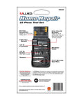 Back packaging view of Compact 25 Piece Tool Kit With Precision Drivers, Long Reach Tweezers, Needle Nose Pliers, Sockets.