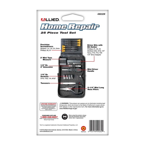 Back packaging view of Compact 25 Piece Tool Kit With Precision Drivers, Long Reach Tweezers, Needle Nose Pliers, Sockets.