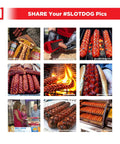 Multiple images showing Crosshatch Hot Dog Slicer Tool With Stainless Steel Blades 10 Inch Red Cutter in various grilling settings.
