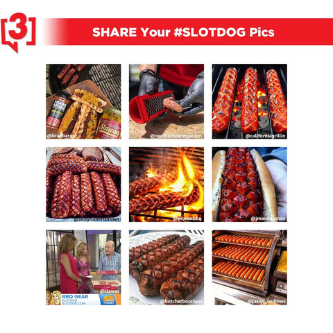 Multiple images showing Crosshatch Hot Dog Slicer Tool With Stainless Steel Blades 10 Inch Red Cutter in various grilling settings.