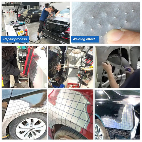 110V Spot Welder Dent Puller Kit for Car Body Repair in use on metal panels, showing welding and dent repair process.