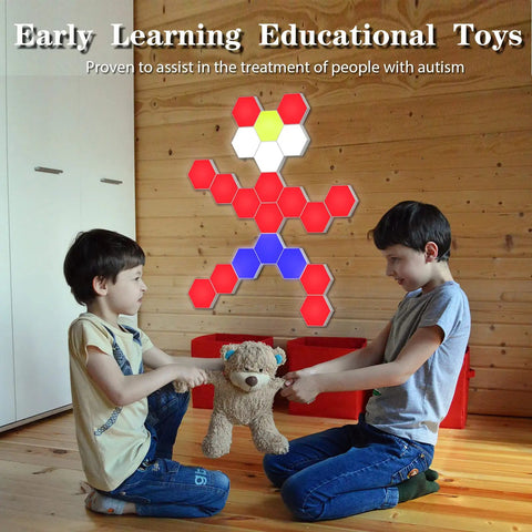 Children playing with toy in room with Hexagon LED Wall Light Kit 6 Pack With Modular Touch And Remote Control on wooden wall.