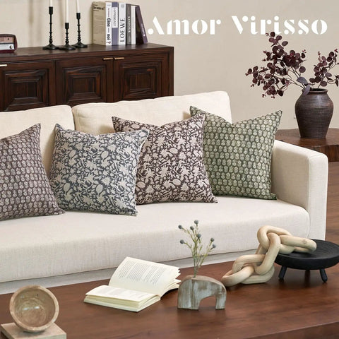 Floral Throw Pillow Cover 18x18 Inch Organic Cotton Dusty Blue One Sided Decorative Cushion Cover For Sofa Couch Living Room Farmhouse Neutral Decor Cozy Vibe No Insert on sofa