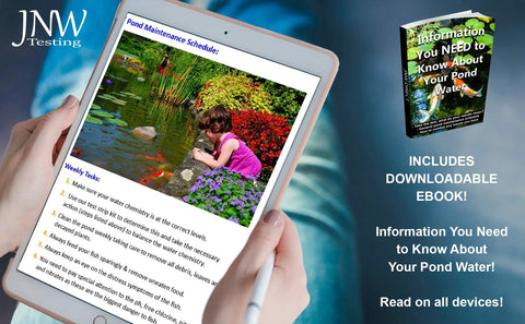 Image of a tablet featuring a pond maintenance schedule and eBook about pond water care, highlighting the Game Changer 7 In 1 Pond Water Test Kit.