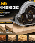 8-1/4 Inch Table Saw Blade With Sixty Carbide Tips And Thin Kerf Profile, close-up of saw cutting smooth wood surface.