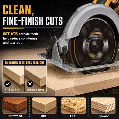 8-1/4 Inch Table Saw Blade With Sixty Carbide Tips And Thin Kerf Profile, close-up of saw cutting smooth wood surface.