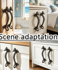 Two Pack Seahorse Cast Iron Door Handles Set, Heavy Duty Rustic Barn Cabinet Pulls For Farmhouse Drawers shown on furniture