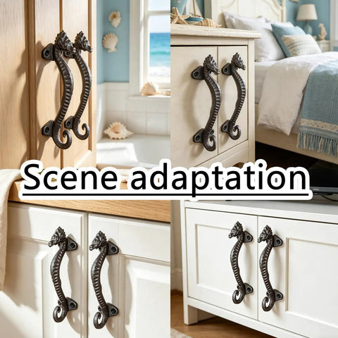 Two Pack Seahorse Cast Iron Door Handles Set, Heavy Duty Rustic Barn Cabinet Pulls For Farmhouse Drawers shown on furniture