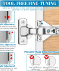 Tool-free fine-tuning of 10 Pack Half Inch Overlay Soft Close Cabinet Hinges With 105 Degree 3D Adjustable Clip On Concealed Cupboard Hinges
