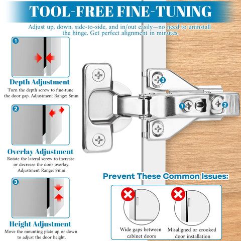Tool-free fine-tuning of 10 Pack Half Inch Overlay Soft Close Cabinet Hinges With 105 Degree 3D Adjustable Clip On Concealed Cupboard Hinges