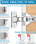 Illustration of 60 Pack Half Inch Overlay Soft Close Cabinet Hinges With Clip On Mounts showing tool-free fine-tuning features.