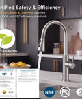 FORIOUS Kitchen Faucet with Pull Down Sprayer, High Arc, Brushed Nickel with water flow and certification documents.