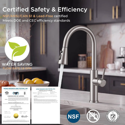 FORIOUS Kitchen Faucet with Pull Down Sprayer, High Arc, Brushed Nickel with water flow and certification documents.