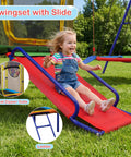 Child sliding on 6 In 1 Backyard Swing Set With Trampoline, Slide, Saucer Swing, Belt Swing, Dartboard, And Basketball Hoop