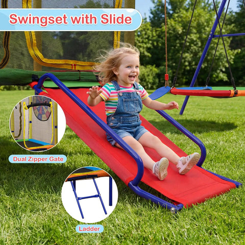 Child sliding on 6 In 1 Backyard Swing Set With Trampoline, Slide, Saucer Swing, Belt Swing, Dartboard, And Basketball Hoop