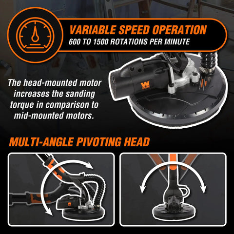 Image showing Drywall Sander With Variable Speed 600 To 1500 RPM 5 Amp Motor Hook And Loop Sanding Pad with pivoting head.