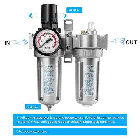 Half Inch NPT Air Filter Regulator Lubricator Dryer Gauge Kit Water And Oil Separator 3 In 1 Twin Unit front view