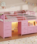 Twin Size Low Loft Bed With 7 Storage Drawers, Bookcase, And LED Lights, Metal Kids Loft Bed With 14 Inch Guardrail, Inclined Ladder, Play Curtain, Under-Bed Play Space, Pink