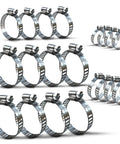 20 Piece Heavy Duty Stainless Steel Hose Clamp Set For Plumbing Automotive Fuel Lines And Mechanical Use Adjustable Worm Gear Clamps 6mm To 51mm Size Range Durable Rustproof Corrosion Resistant displayed in various sizes.