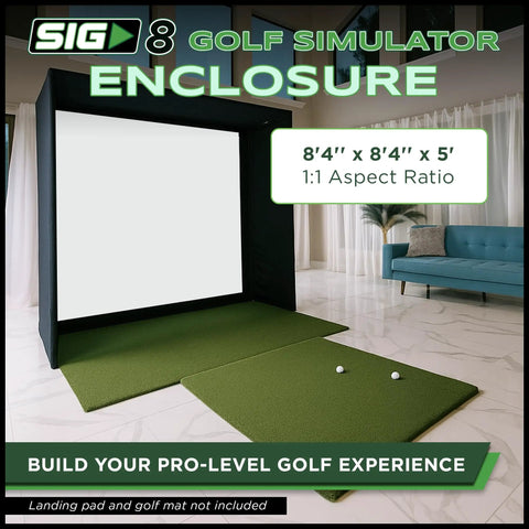 Pro Grade Indoor Golf Simulator Enclosure Kit With Impact Screen And Protective Padding No Fuss Push Pin Setup Complete Practice Bay With Surround Poles And More 8 Ft 4 In By 8 Ft 4 In By 5 Ft shown in living room