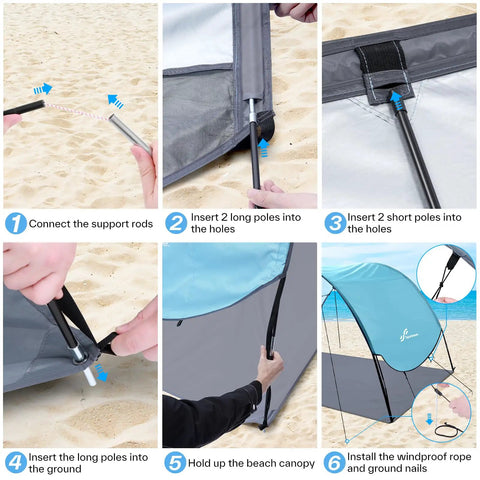 Assembly steps for Beach Tent Sun Shelter Canopy With UPF 50 Protection; 8 wind ropes and 12 ground stakes, light blue.