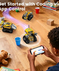 Child playing with robots using app in 5 In 1 STEM RC Robotics Kit With App And Remote Control on wooden floor with toys