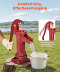 Old School Cast Iron Hand Pitcher Water Pump For Garden And Pond being used outdoors, showing easy grip handle design, red