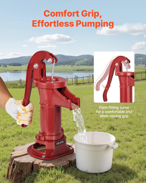 Old School Cast Iron Hand Pitcher Water Pump For Garden And Pond being used outdoors, showing easy grip handle design, red