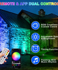 Dope RGB Outdoor Spotlight Color Changing Lights With Remote And App Control illuminating a house, remote and app shown.