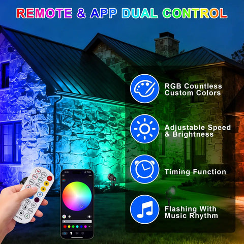 Dope RGB Outdoor Spotlight Color Changing Lights With Remote And App Control illuminating a house, remote and app shown.