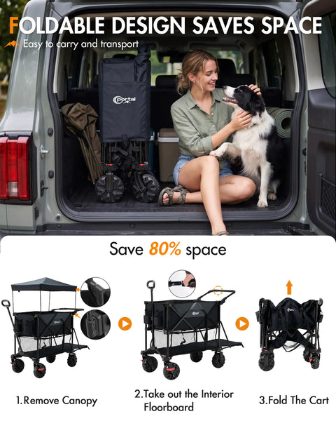 Folded Double Deck Folding Wagon With Canopy And 400L All Terrain Large Capacity Heavy Duty Cart 450 Pound Load in car trunk