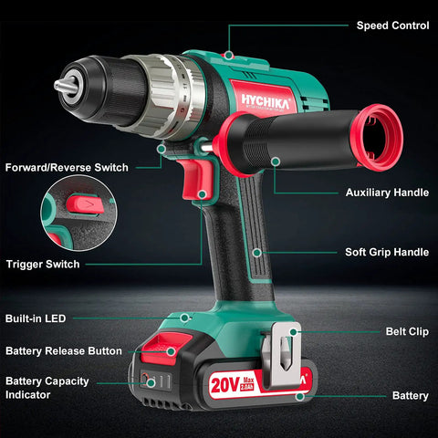 Cordless Hammer Drill Driver 20V With Side Handle And 400 Inch Lbs Torque Half Inch Metal Chuck 21 And 3 Clutch Settings 2Ah Battery LED Light